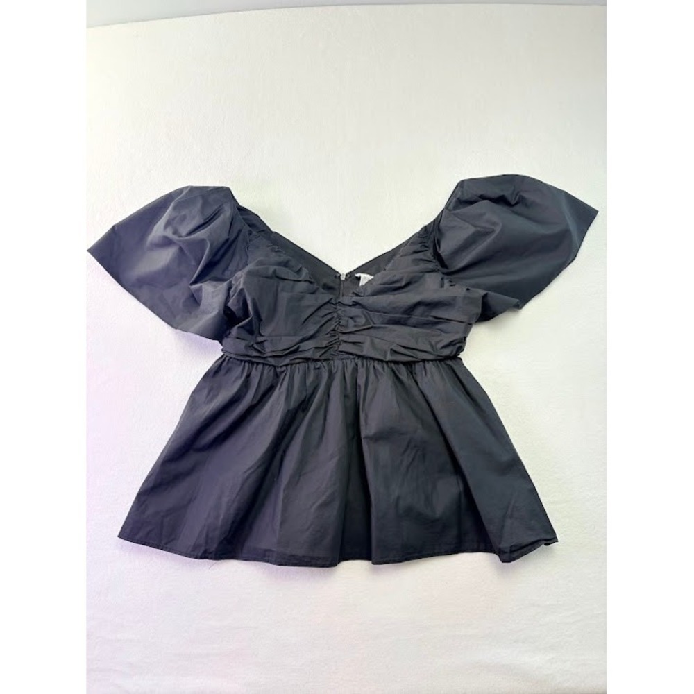 Hyacinth House English Factory Tuckernuck Women M Black Puff Sleeve Ruched Top